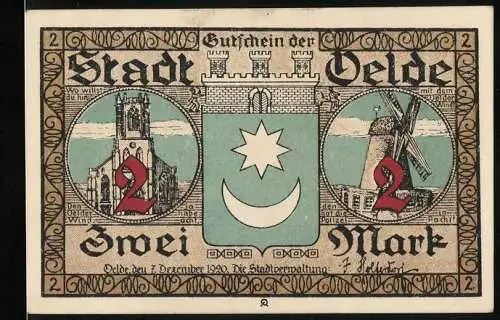 Notgeld Oelde 1920, 2 Mark, Kirche und Windmühle, Der Oelder Pfingstkranz