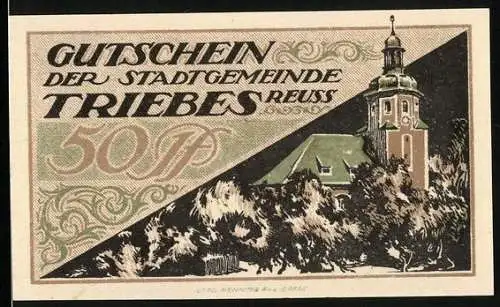 Notgeld Triebes-Reuss 1921, 50 Pfennig, Blick auf die Kirche