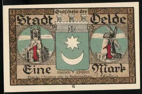 Notgeld Oelde 1920, 1 Mark, Kirche und Windmühle, Tanz um den Oelder Pfingstkranz