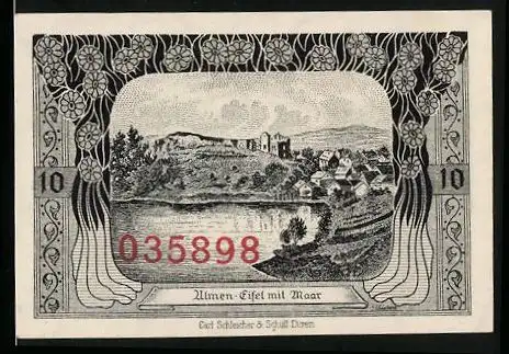 Notgeld Cochem 1921, 10 Pfennig, Moselaner in Tracht aus dem 17. Jahrhundert, Ulmen-Eifel mit Maar