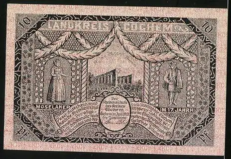 Notgeld Cochem 1921, 10 Pfennig, Moselaner in Tracht aus dem 17. Jahrhundert, Ulmen-Eifel mit Maar