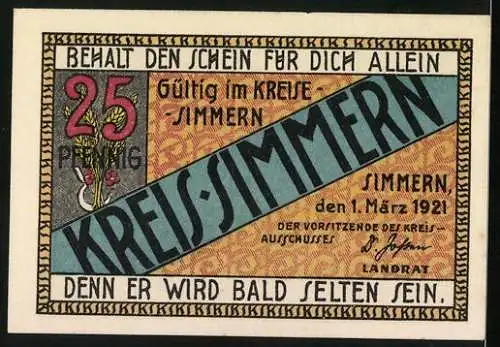 Notgeld Simmern 1921, 25 Pfennig, Ortsansicht mit Kirche