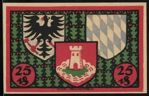 Notgeld Pasing 1918, 25 Pfennig, Drei Wappen und Silhouette der Stadt