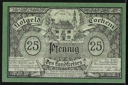 Notgeld Cochem 1921, 25 Pfennig, Winneburg, Burg Cochem, Wildburg Treis, Rathaus