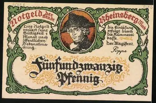 Notgeld Rheinsberg /Mark, 25 Pfennig, Friedrich der Grosse und Pavillon