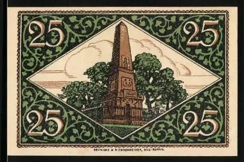 Notgeld Rheinsberg /Mark, 25 Pfennig, Friedrich der Grosse und obelisk-artiges Denkmal