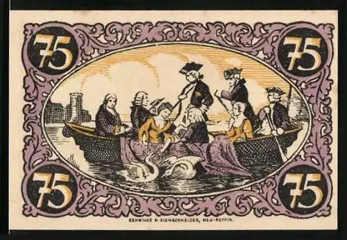 Notgeld Rheinsberg /Mark, 75 Pfennig, Friedrich der Grosse mit Hofstaat auf dem Schwanenteich