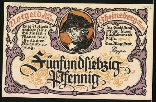 Notgeld Rheinsberg /Mark, 75 Pfennig, Friedrich der Grosse und Turm