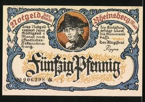 Notgeld Rheinsberg /Mark, 50 Pfennig, Friedrich der Grosse und Statue