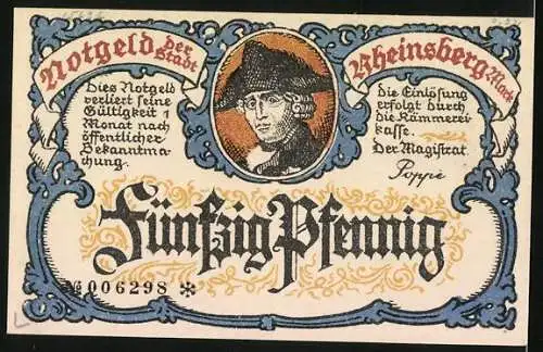 Notgeld Rheinsberg /Mark, 50 Pfennig, Friedrich der Grosse und Orstansicht anno 1730