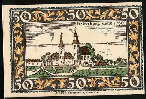 Notgeld Rheinsberg /Mark, 50 Pfennig, Friedrich der Grosse und Kirche im Jahr 1730