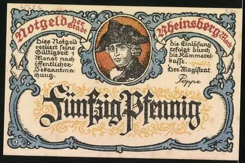 Notgeld Rheinsberg /Mark, 50 Pfennig, Friedrich der Grosse und Kirche im Jahr 1730