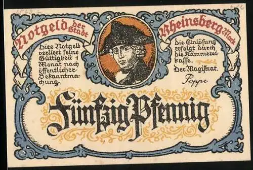 Notgeld Rheinsberg /Mark, 50 Pfennig, Friedrich der Grosse und Einfahrt zum Schloss