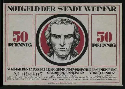 Notgeld Weimar 1921, 50 Pfennig, Zerbrochene Schwerter vor der Sonne, Konterfei
