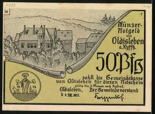 Notgeld Oldisleben 1921, 50 Pfennig, Thomas Müncers Gefangennahme