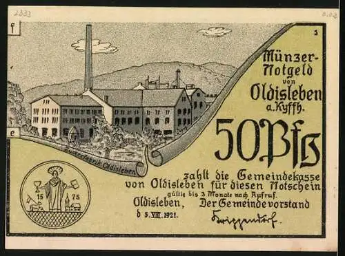 Notgeld Oldisleben 1921, 50 Pfennig, Th. Müncers Überführung nach Feste Heldrungen