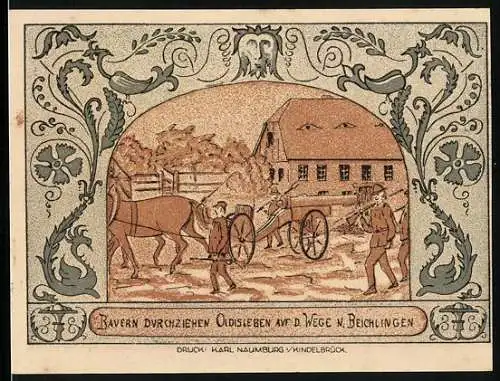 Notgeld Oldisleben 1921, 50 Pfennig, Bauern durchziehen Oldisleben auf dem Wege nach Beichlingen