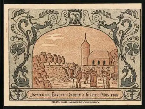 Notgeld Oldisleben 1921, 50 Pfennig, Müncer`sche Bauern plündern das Kloster Oldisleben