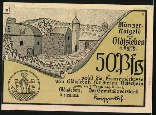 Notgeld Oldisleben 1921, 50 Pfennig, Müncer`sche Bauern plündern das Kloster Oldisleben