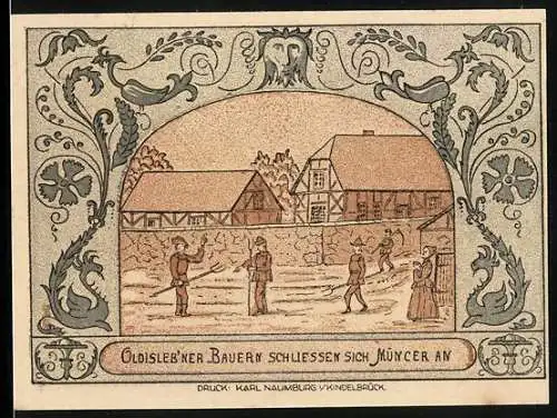 Notgeld Oldisleben 1921, 50 Pfennig, Oldisleb`ner Bauern schliessen sich Müncer an