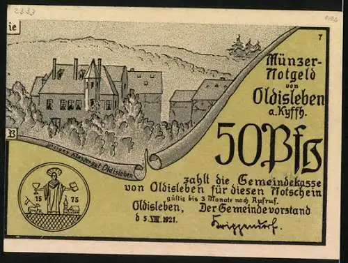 Notgeld Oldisleben 1921, 50 Pfennig, Th. Müncers Gefangennahme