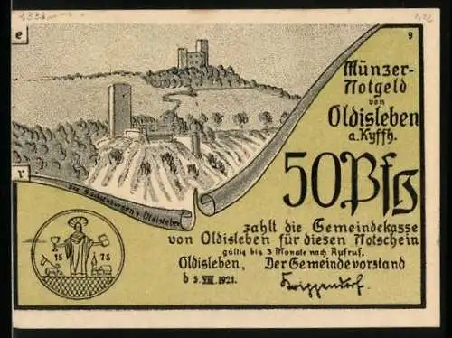 Notgeld Oldisleben 1921, 50 Pfennig, Th. Müncer leitet die Bauernschlacht