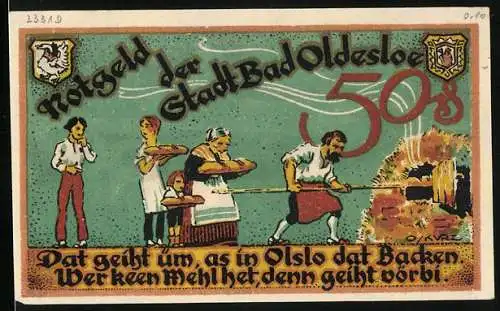 Notgeld Bad Oldesloe, 50 Pfennig, Bäcker bei der Arbeit, Sol-, Moor-, Schwefel-Bäder