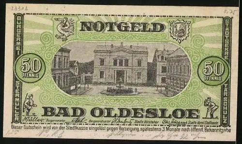 Notgeld Bad Oldesloe, 50 Pfennig, Platz mit Springbrunnen