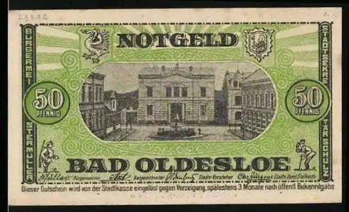 Notgeld Bad Oldesloe, 50 Pfennig, Rathausplatz mit Springbrunnen