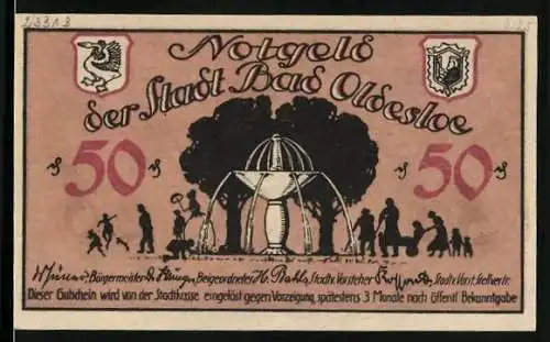 Notgeld Bad Oldesloe, 50 Pfennig, Besucher am Springbrunnen