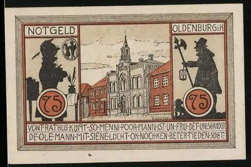 Notgeld Oldenburg i. H., 75 Pfennig, Justiziar, alter Mann mit Hund und Laterne