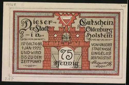 Notgeld Oldenburg i. H., 75 Pfennig, Justiziar, alter Mann mit Hund und Laterne