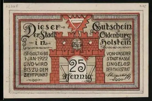 Notgeld Oldenburg i. H., 25 Pfennig, Ritter mit Waffen und Seemann auf dem Schiff