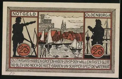 Notgeld Oldenburg i. H., 25 Pfennig, Ritter mit Waffen und Seemann auf dem Schiff