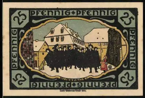 Notgeld Pössneck, 25 Pfennig, Wappen und die Kurrende im Winter