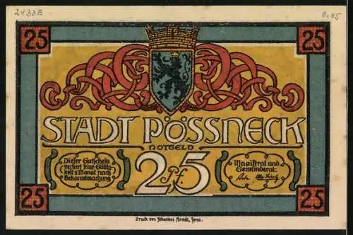 Notgeld Pössneck, 25 Pfennig, Wappen und die Kurrende im Winter