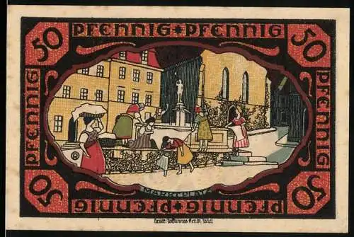 Notgeld Pössneck, 50 Pfennig, Frauen am Marktplatz
