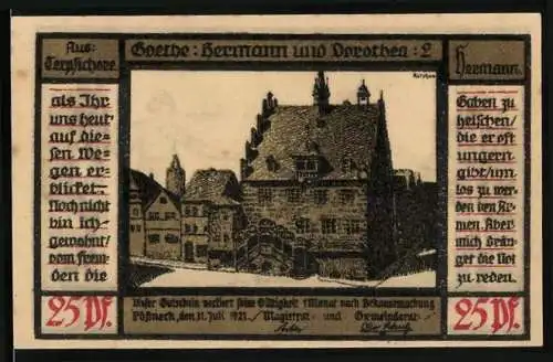 Notgeld Pössneck 1921, 25 Pfennig, Rathaus, Mann und Frau mit Nutztieren