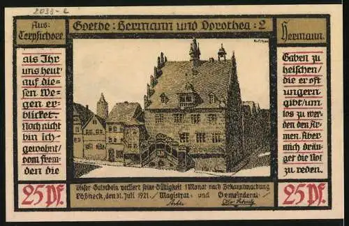 Notgeld Pössneck 1921, 25 Pfennig, Goethe: Hermann und Dorothea: 2, Rathaus, Mann und Frau mit Nutztieren