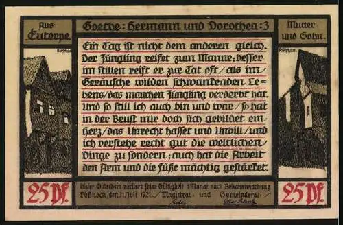 Notgeld Pössneck 1921, 25 Pfennig, Mutter und Sohn vor der Stadt, Goethe, Hermann und Dorothea: 3