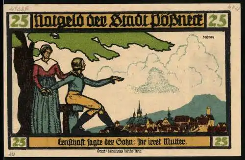 Notgeld Pössneck 1921, 25 Pfennig, Mutter und Sohn vor der Stadt, Ortspartien