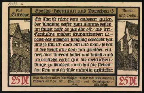 Notgeld Pössneck 1921, 25 Pfennig, Mutter und Sohn vor der Stadt, Ortspartien
