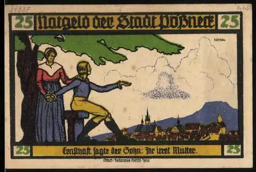 Notgeld Pössneck 1921, 25 Pfennig, Mutter und Sohn vor der Stadt, Ortspartien