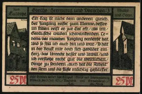 Notgeld Pössneck 1921, 25 Pfennig, Mutter und Sohn vor der Stadt, Ortspartien