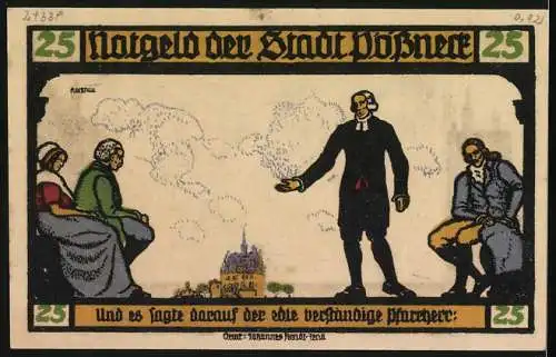 Notgeld Pössneck 1921, 25 Pfennig, Der Pfarrherr predigt, Rathausgiebel