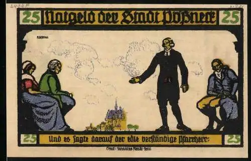 Notgeld Pössneck 1921, 25 Pfennig, Der Pfarrherr predigt, Goethetext, Rathausgiebel