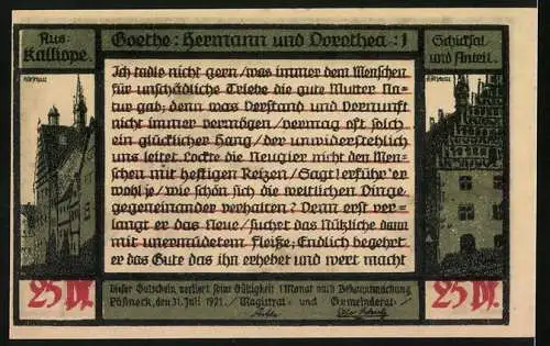 Notgeld Pössneck 1921, 25 Pfennig, Der Pfarrherr predigt, Goethetext, Rathausgiebel