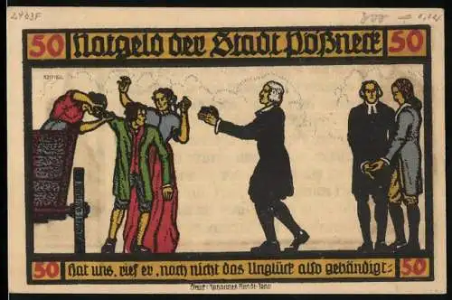 Notgeld Pössneck 1921, 50 Pfennig, Der Pfarrherr predigt hilft den Leuten, Fachwerkhaus, Turm