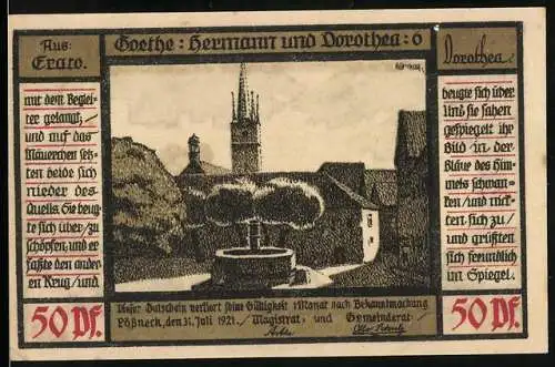 Notgeld Pössneck 1921, 50 Pfennig, Die Liebenden, Brunnen und Kirche