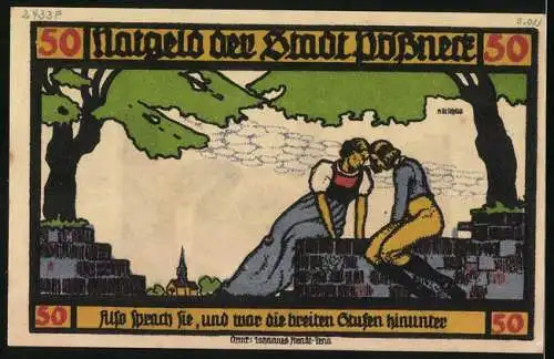 Notgeld Pössneck 1921, 50 Pfennig, Die Liebenden, Brunnen und Kirche